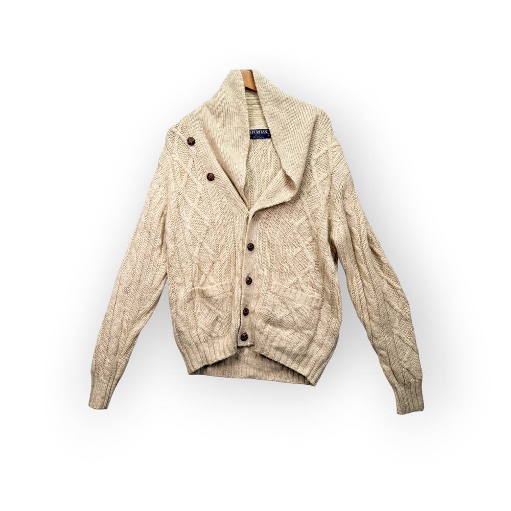 VTG 80S PURITTAN SHETLAND WOOL SHAWL COLLAR CARDIGAN USA MADE OATMEAL MENS S